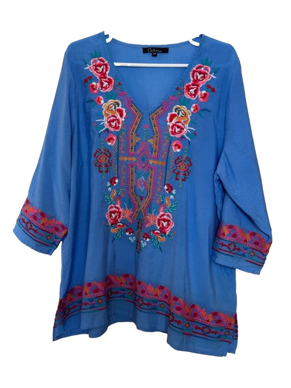 Calessa Boho Embroidered Tunic Blouse 2X Blue Pink Floral V-Neck Cottagecore